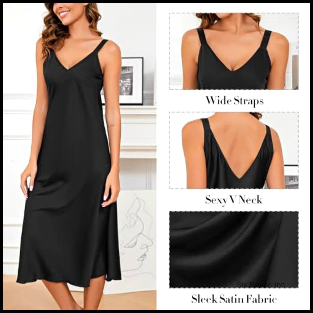 Satin Slip Dress Elegant Minimal Chic Sleepwear Nightgown V Neck Adjustable - Picture 5 of 7